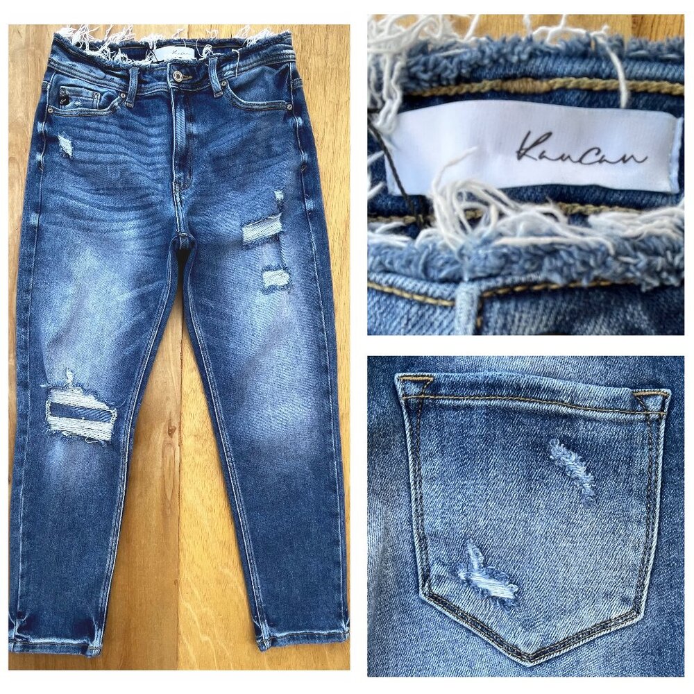 KANCAN HIGH RISE FRAYED WAIST WOMEN’S JEANS sz 9/28 Destructed Denim NWOT